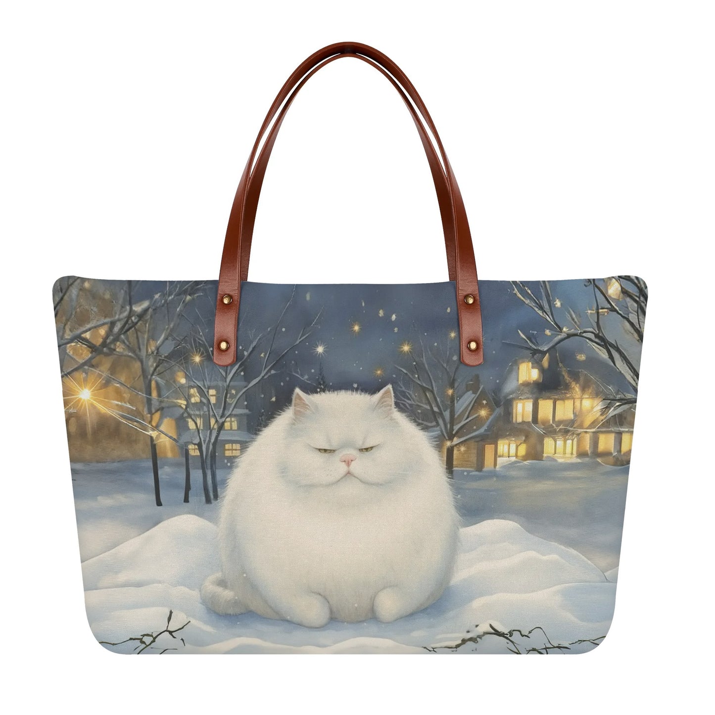 Fat White Cat Winter Scene Womens Brown Handle Tote Bag