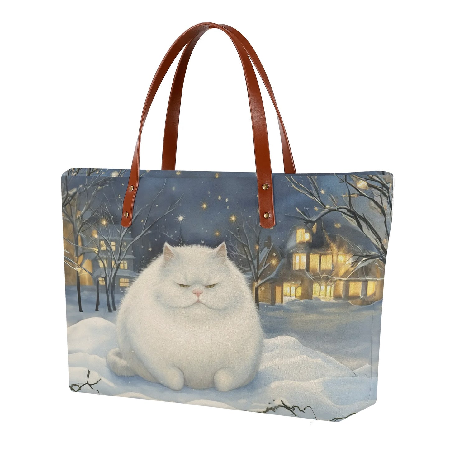 Fat White Cat Winter Scene Womens Brown Handle Tote Bag