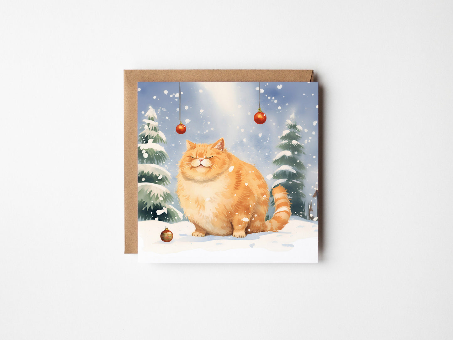 Fat Ginger Cat Card With Christmas Trees and baubles, Square card, Kraft Envelope