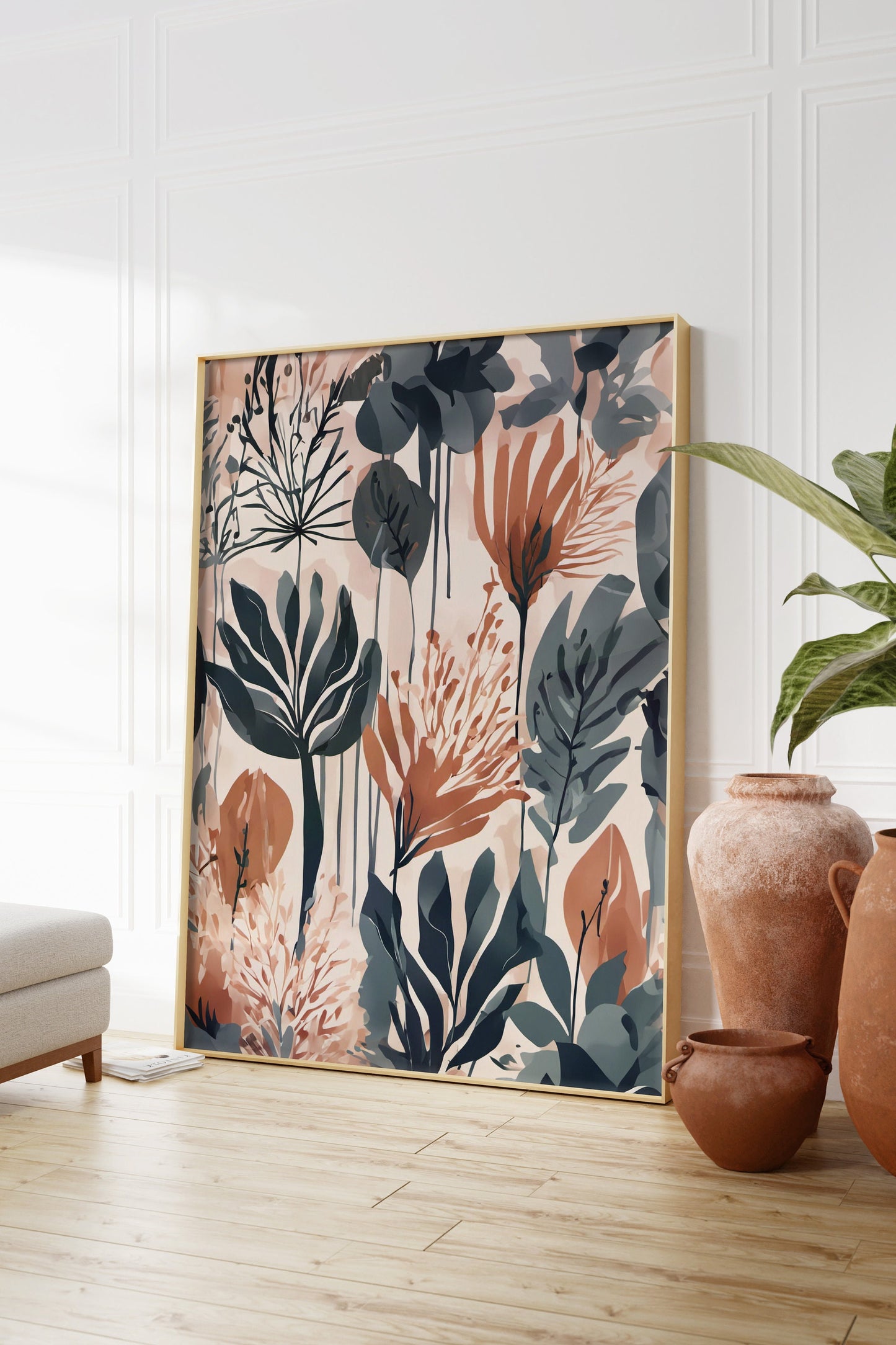 Bold Contemporary Botanical Leaf Wall Art, coral and sage green, Neutral colours, beautiful and simple art