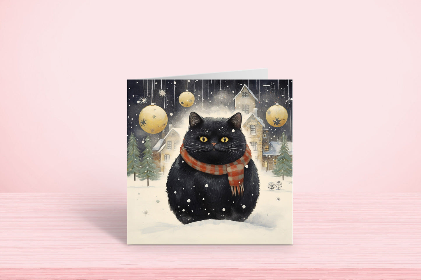 Funny Black Cat Christmas Card - Square Design with Snowy Scene