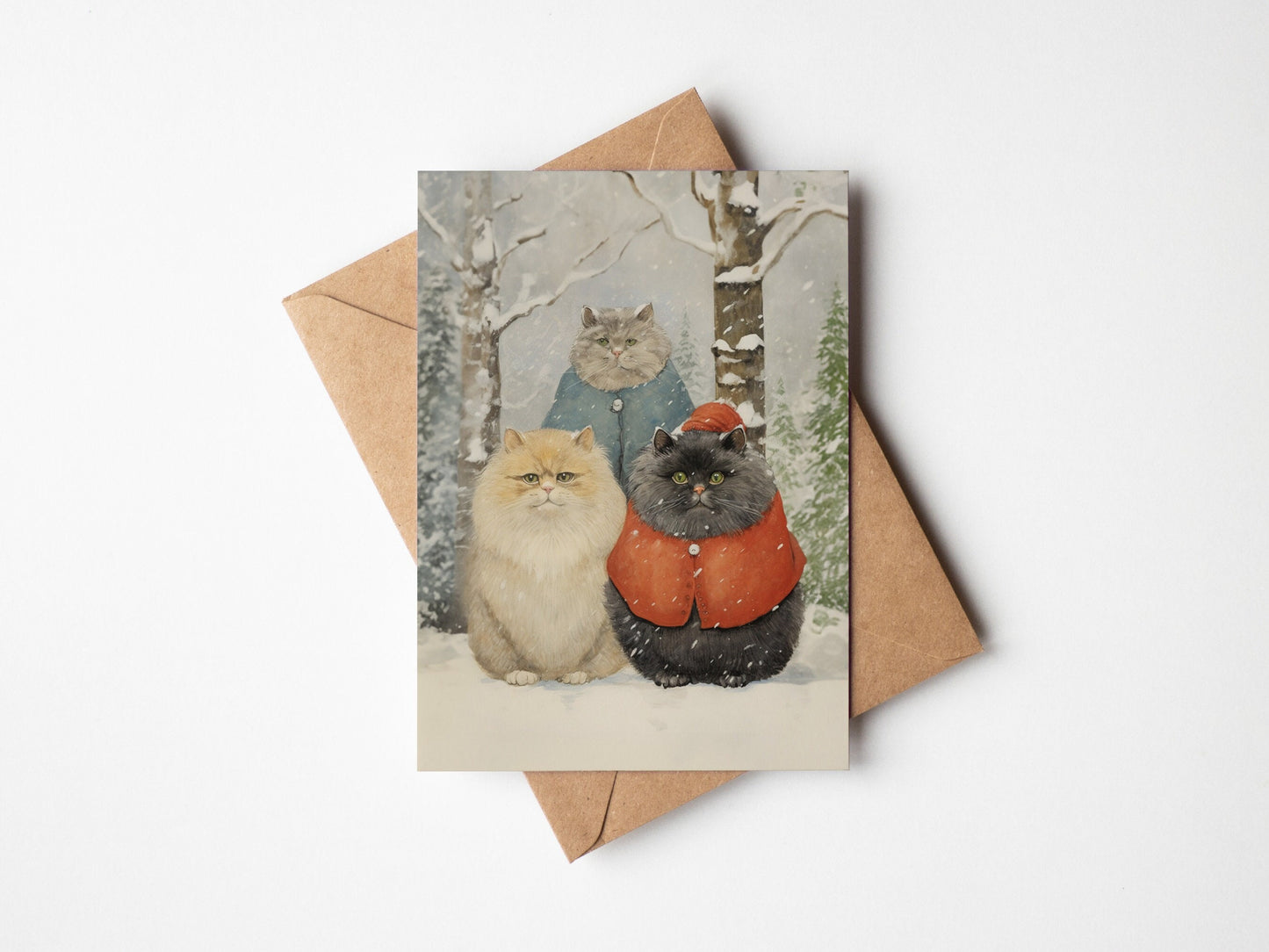 Christmas Cat Card, Christmas Snowy Cats on the front, cute cat xmas card