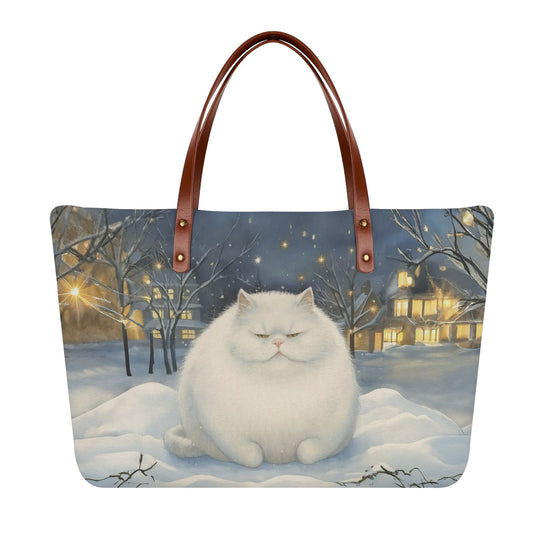 Fat White Cat Winter Scene Womens Brown Handle Tote Bag