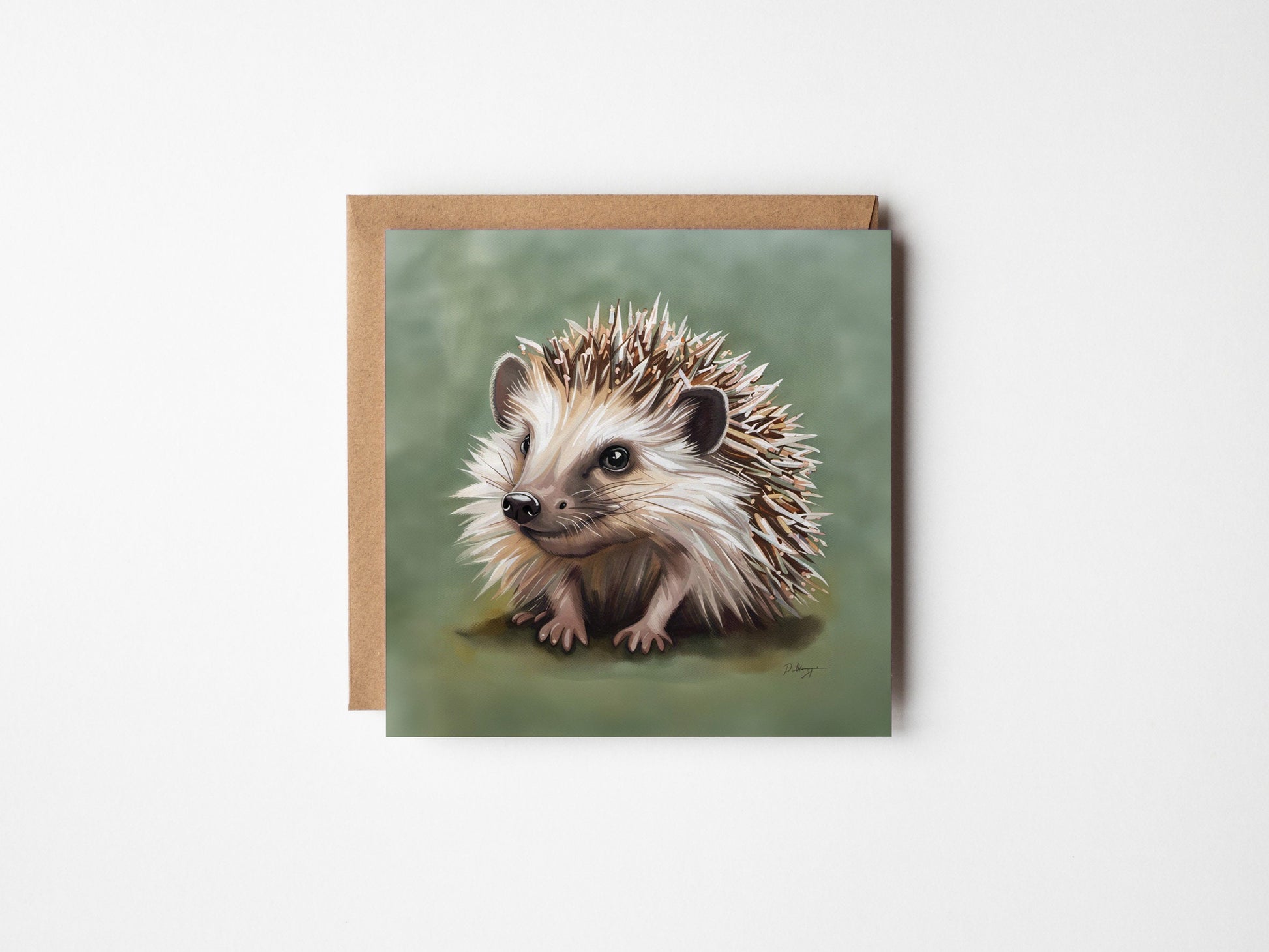 Smiling Hedgehog on a green background, Square greetings card, blank