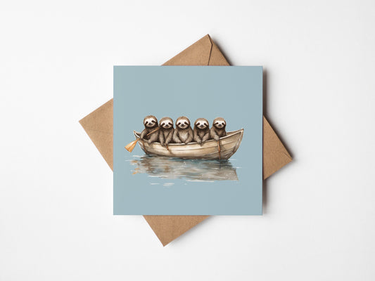 five baby sloths in a boat design on a square greetings card