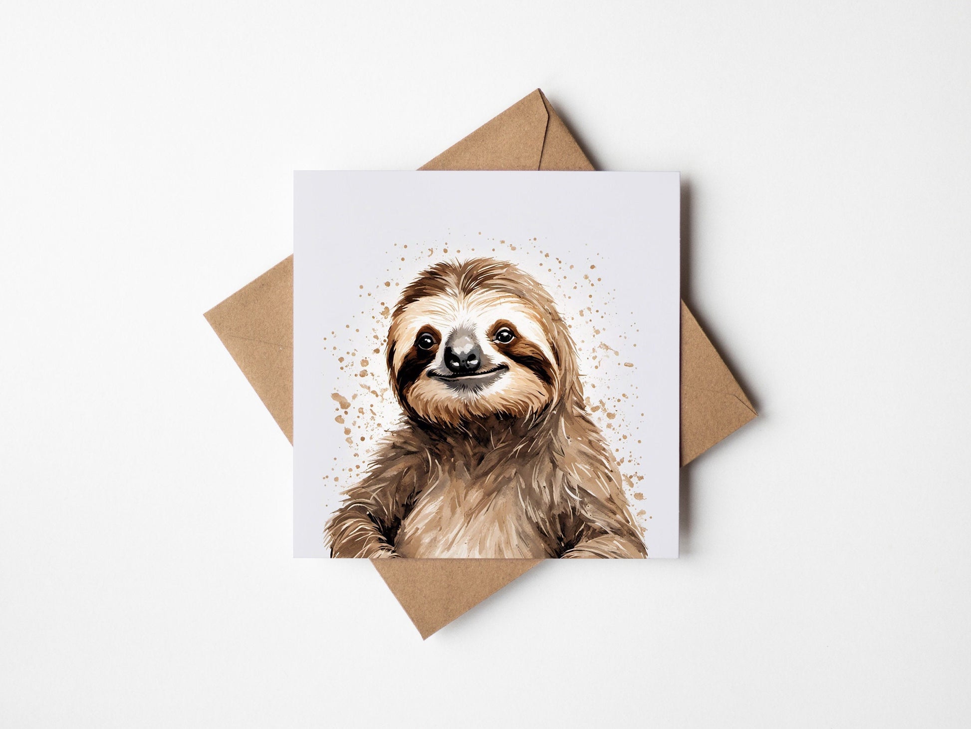 Sloth Portrait Greetings Card, on Square Card with envelope