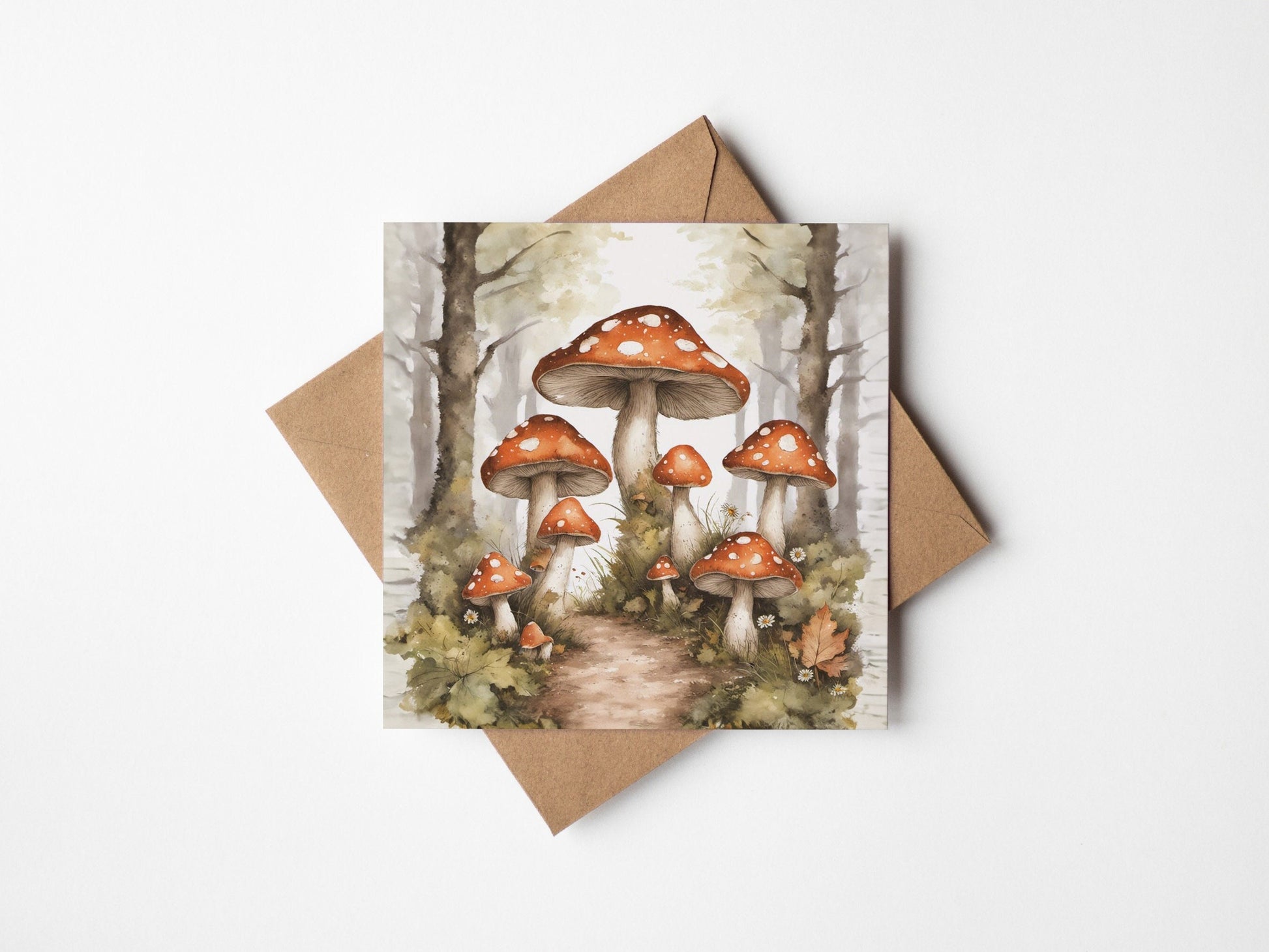 Mushrooms in the woodland greetings card with kraft envelope