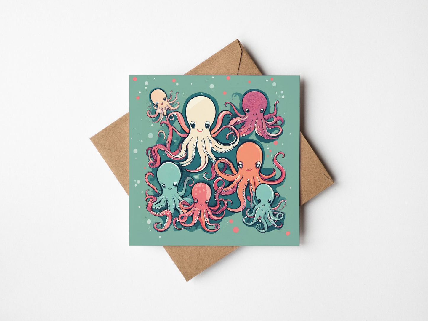 Octopus Party Teal Square Greetings card