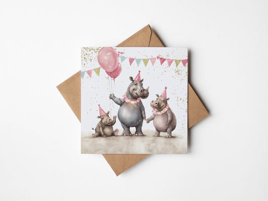 Hippo Family Celebration card with envelope