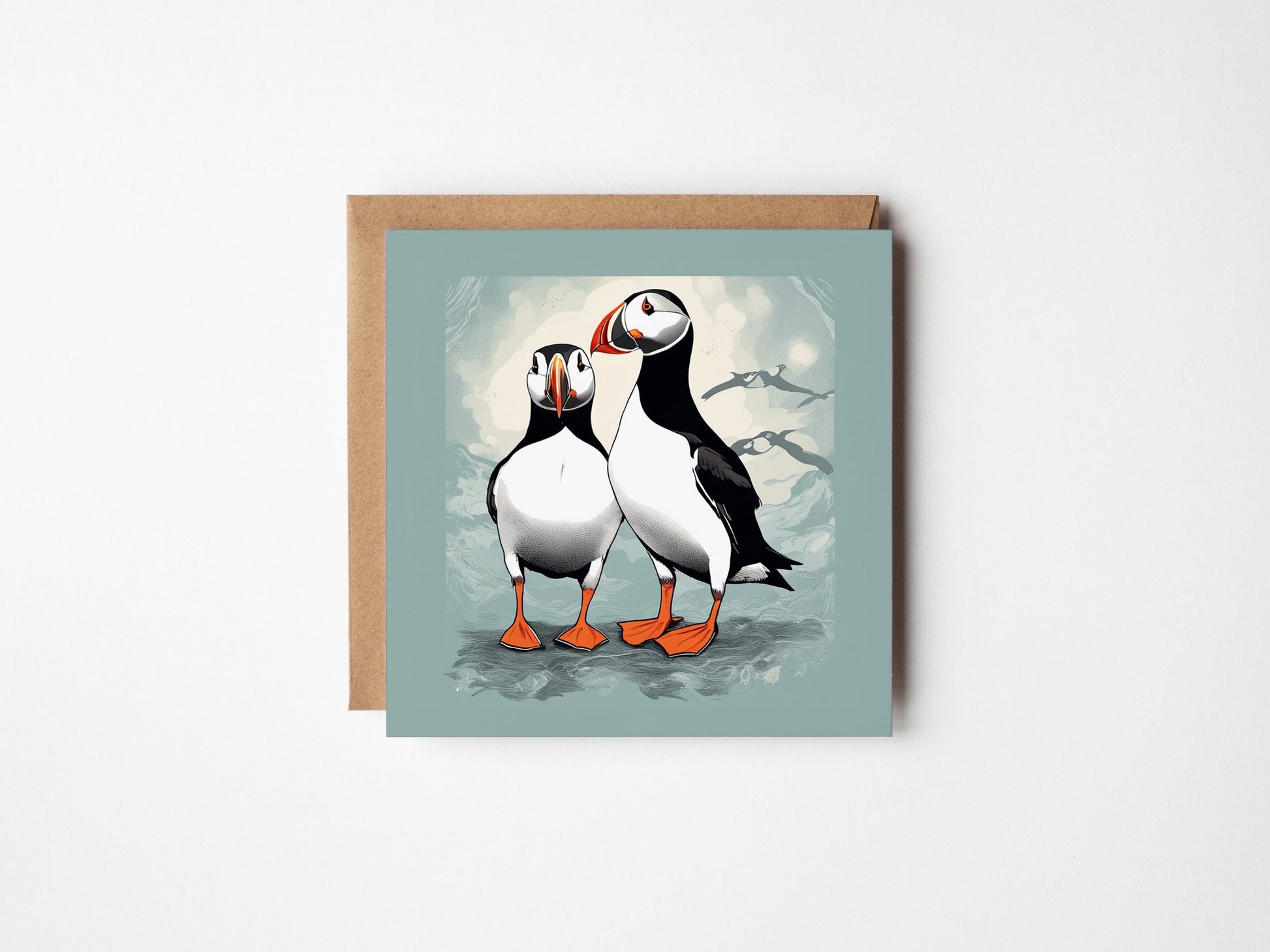 two puffins on a greetings card