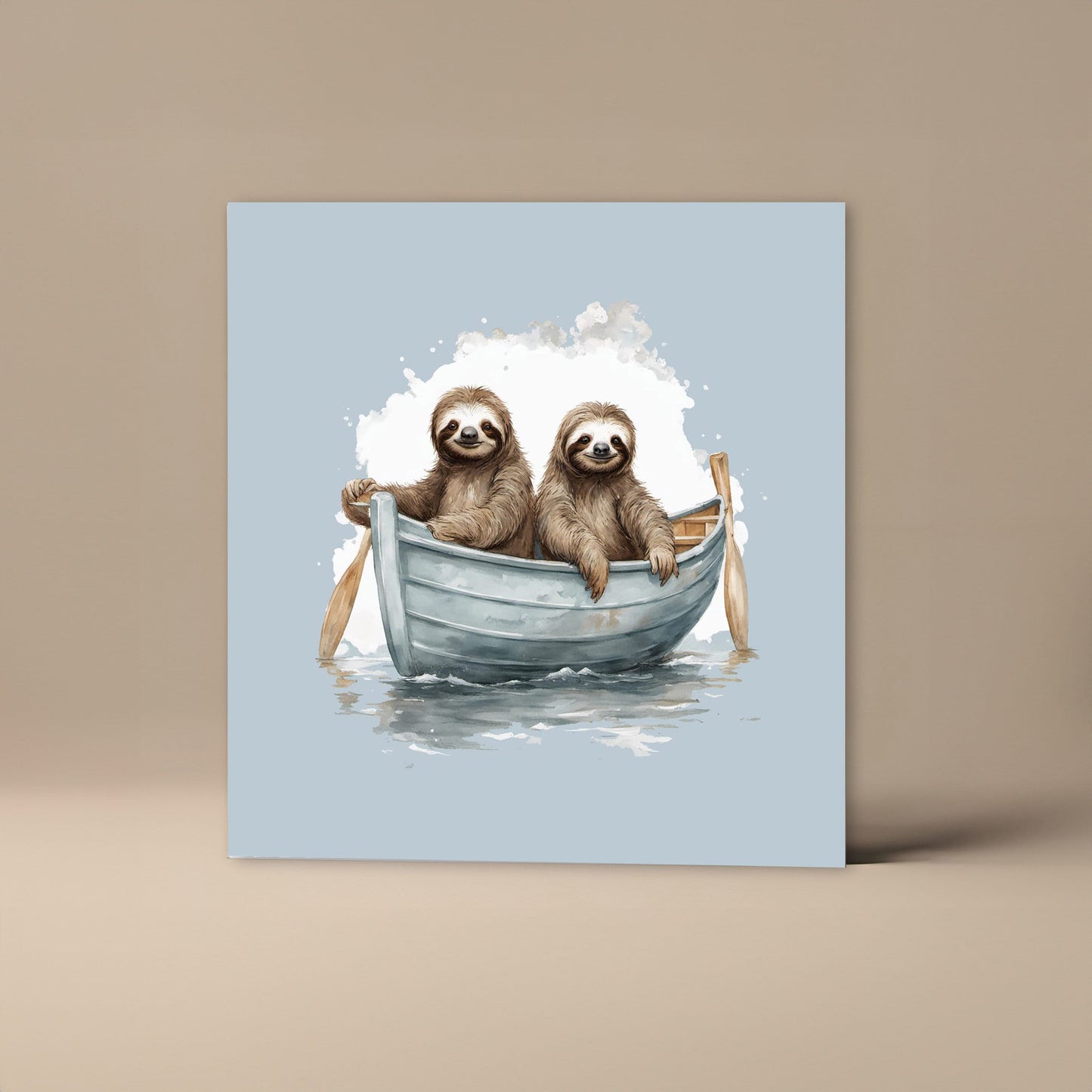 Two Sloths in a boat, greetings card, blank square card