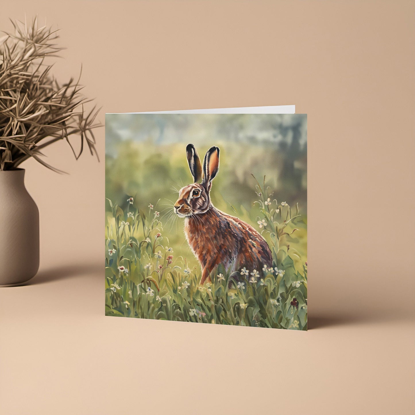 Hare in a Field Greetings Card Square with envelope