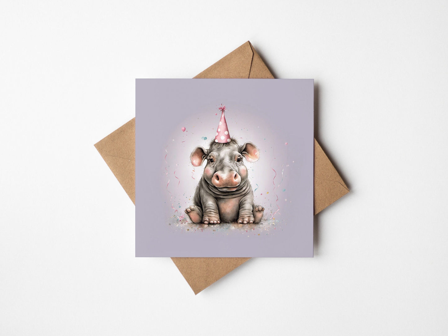 Baby Hippo in a party hat Square greetings card