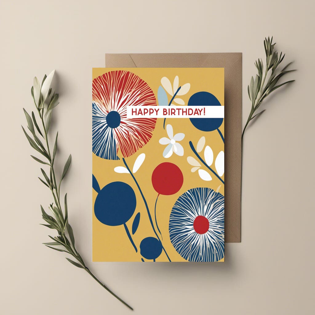 Floral Minimal contemporary design Birthday card, Mustard, Navy and Red design, with kraft envelope