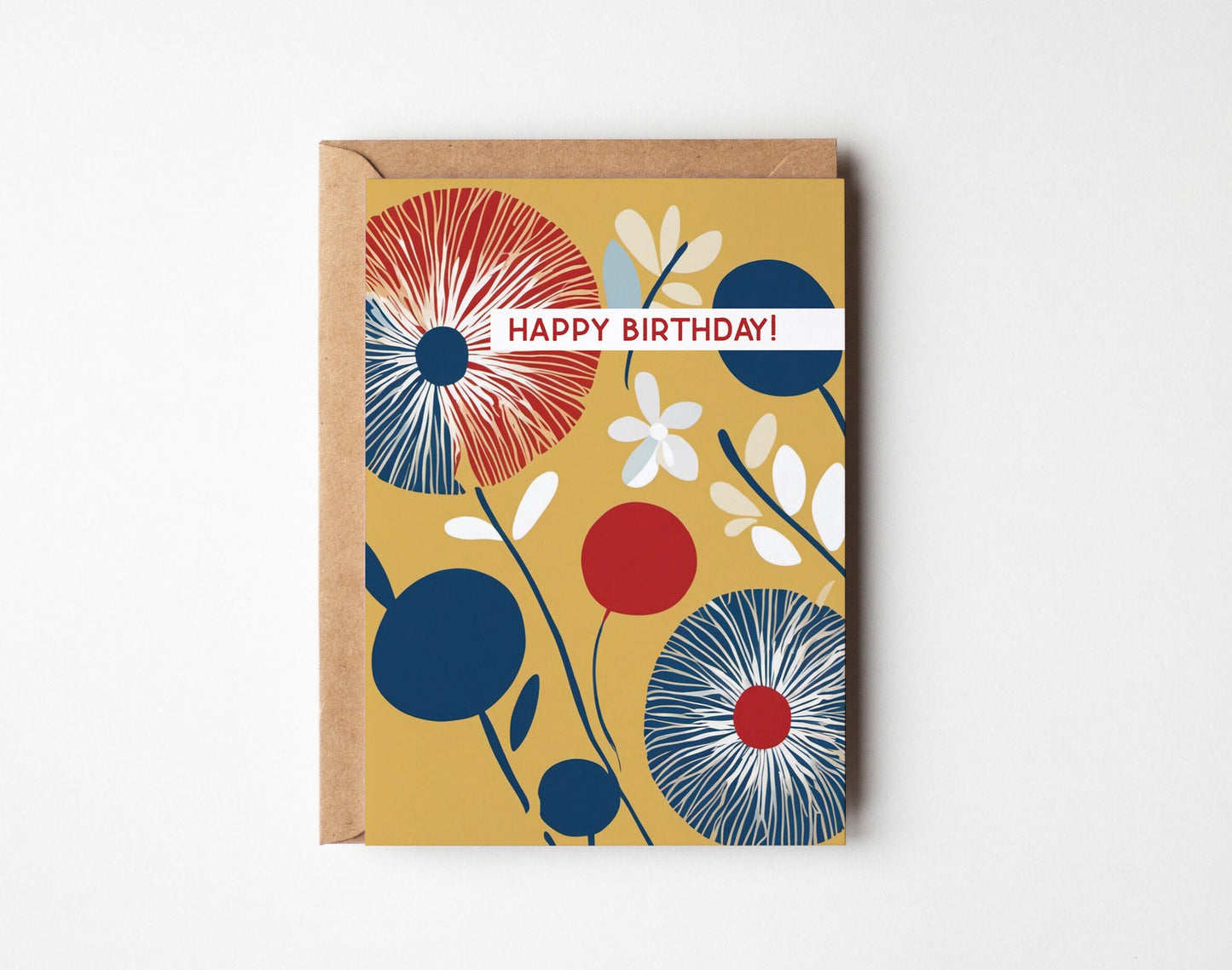 Floral Minimal contemporary design Birthday card, Mustard, Navy and Red design, with envelope