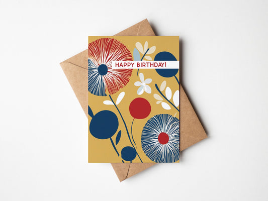 Floral Minimal contemporary design Birthday card, Mustard, Navy and Red design, with kraft envelope