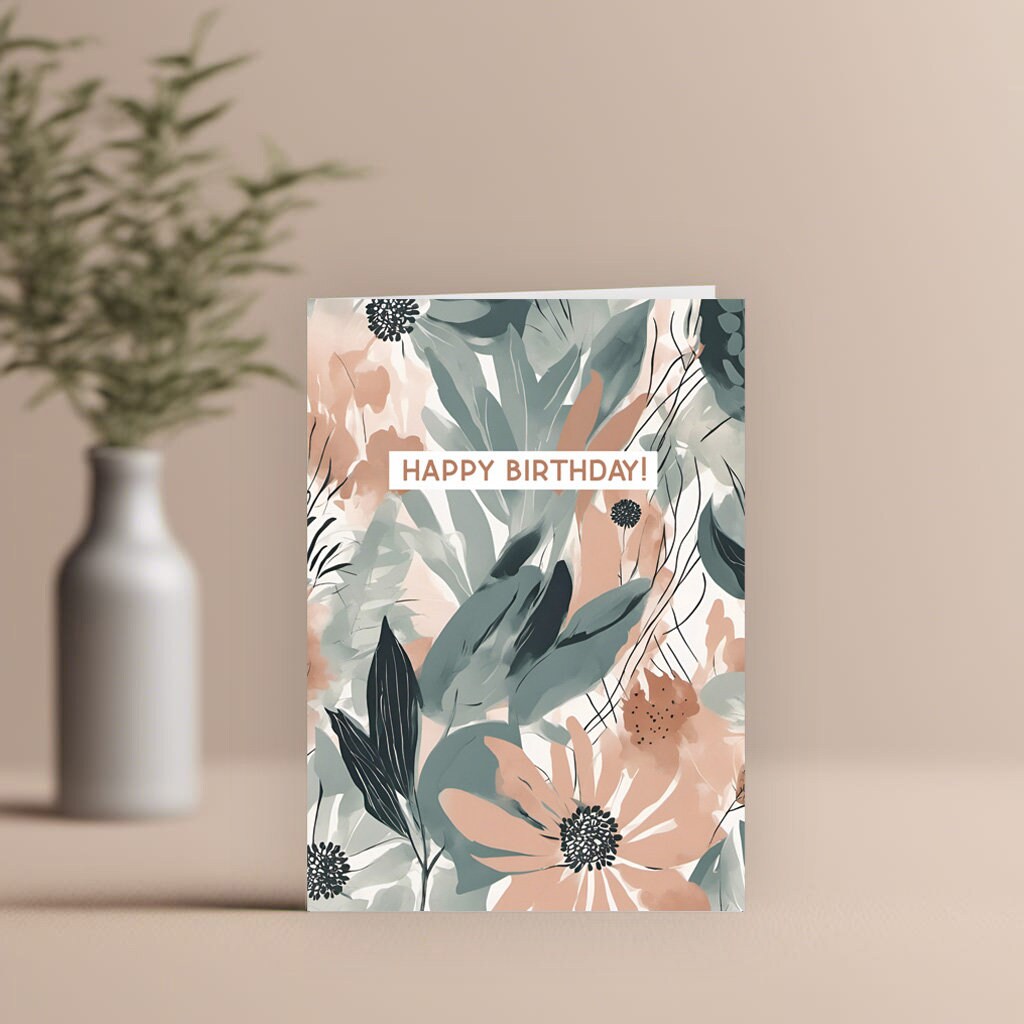 Floral Minimal contemporary design Birthday card, coral, green and teal floral design, with kraft envelope