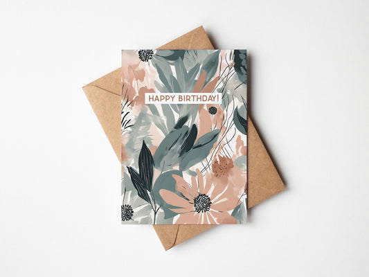 Floral Minimal contemporary design Birthday card, coral, green and teal floral design, with kraft envelope