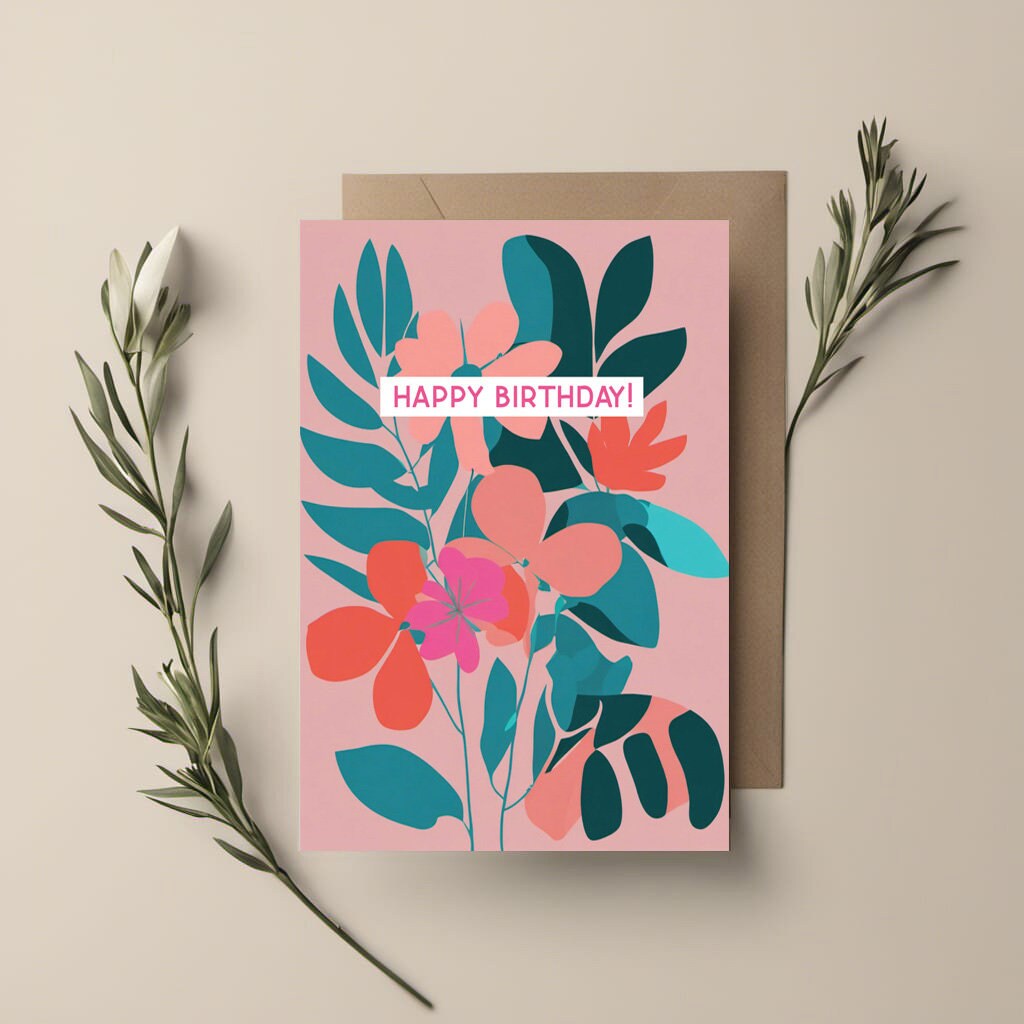 Floral Minimal contemporary design Birthday card, Pink Teal floral design, with kraft envelope