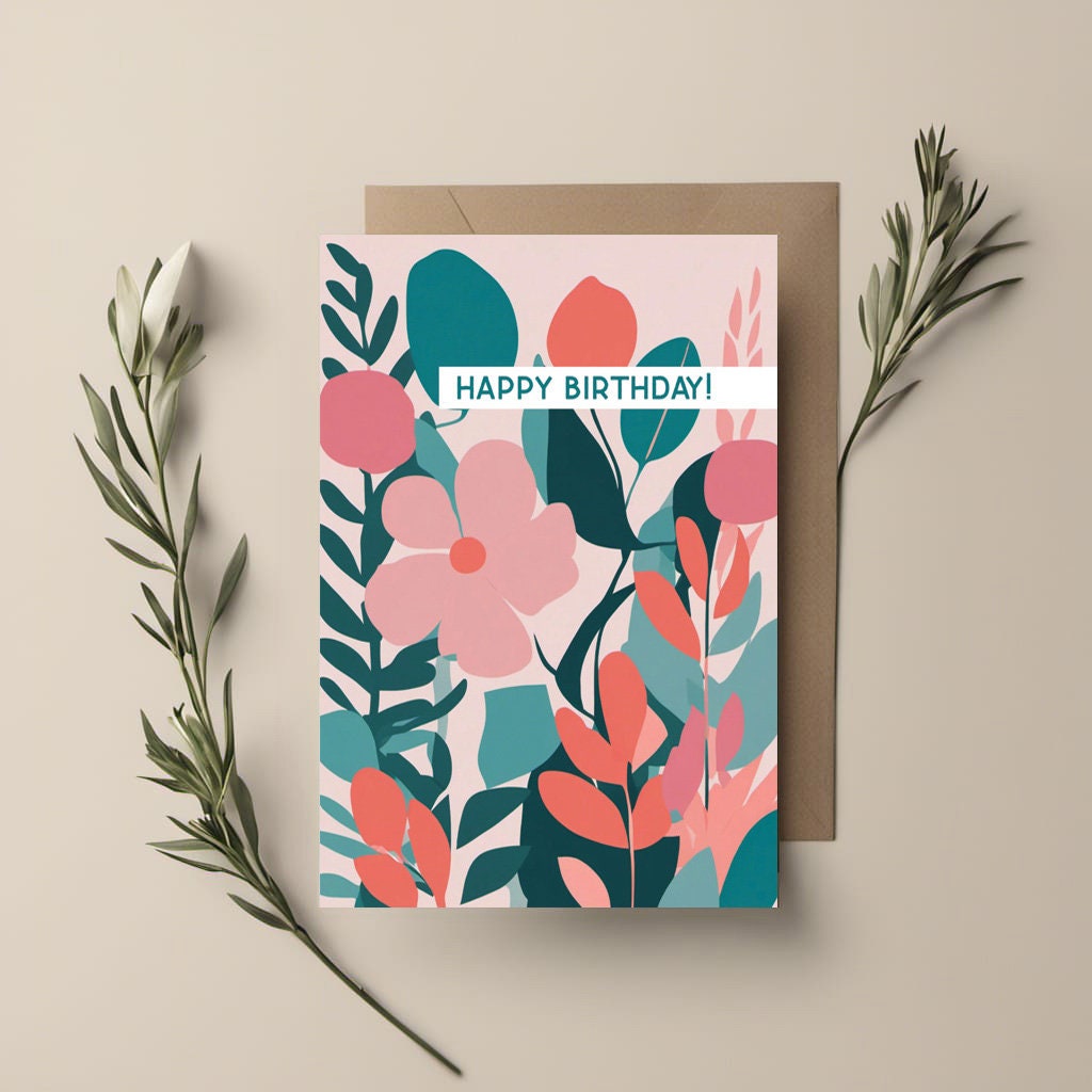 Floral Minimal contemporary design Birthday card, Pink Teal floral design, with kraft envelope