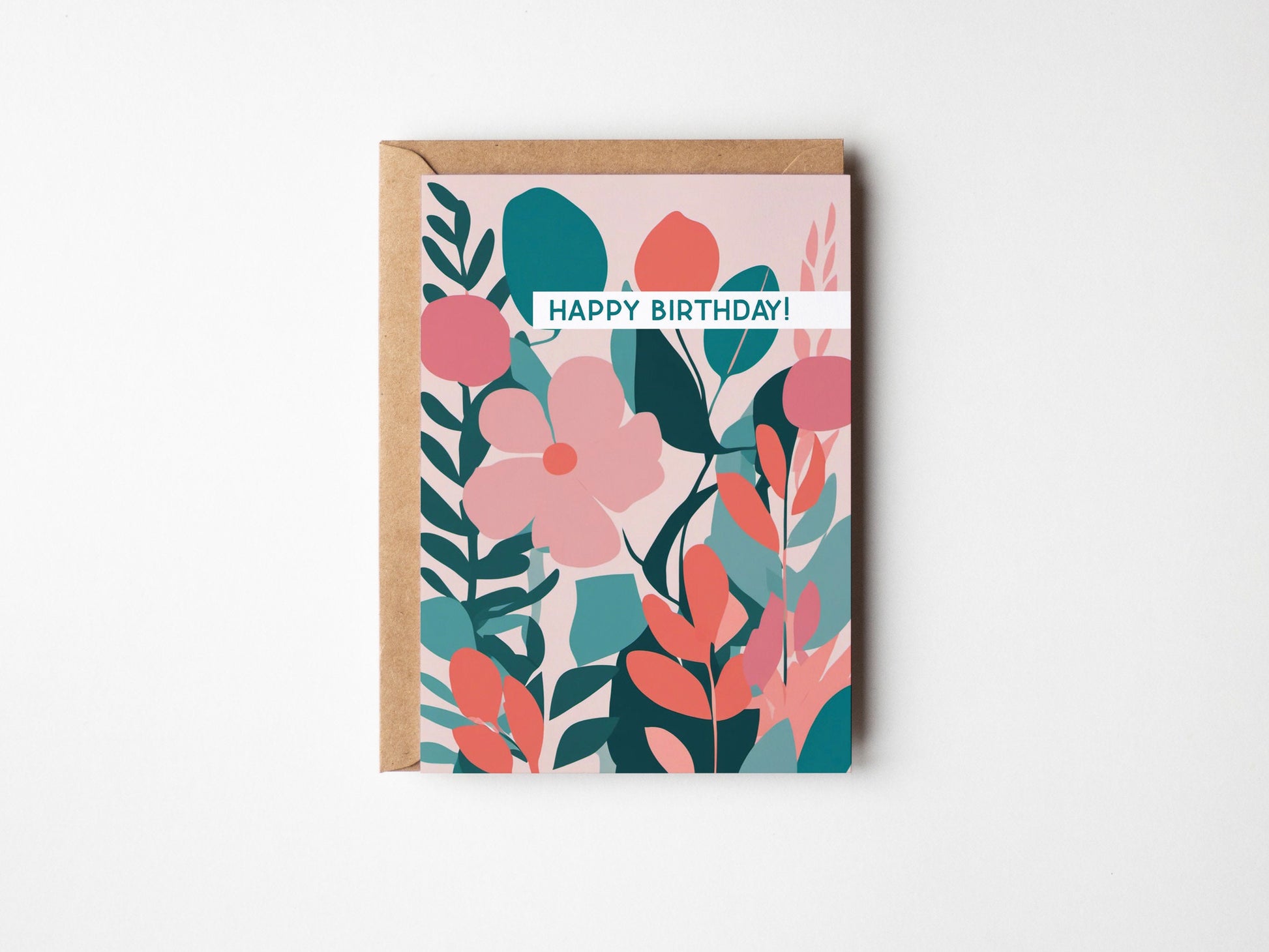 Floral Minimal contemporary design Birthday card, Pink Teal floral design, with kraft envelope