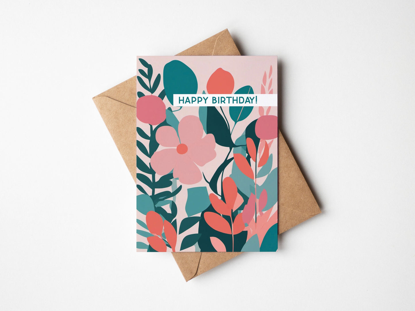 Floral Minimal contemporary design Birthday card, Pink Teal floral design, with kraft envelope