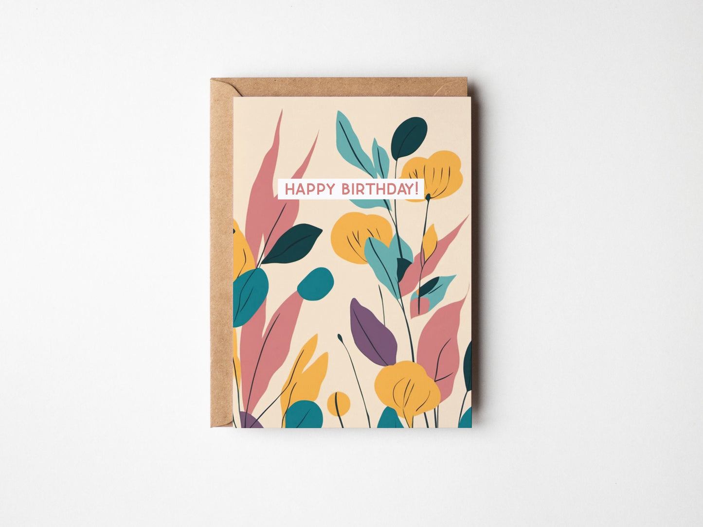 Floral Minimal contemporary design Birthday card, Pink Yellow floral design, with kraft envelope