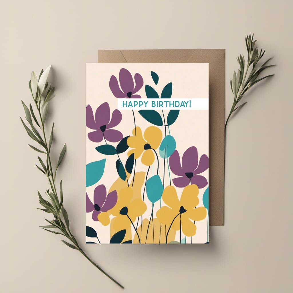 Floral Minimal contemporary design Birthday card, Purple Yellow floral design, with kraft envelope