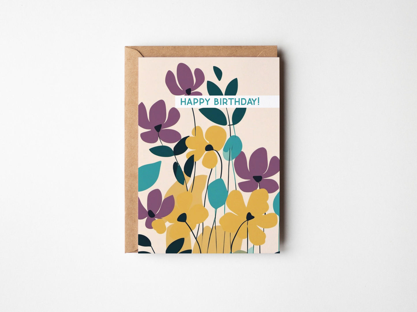 Floral Minimal contemporary design Birthday card, Purple Yellow floral design, with kraft envelope