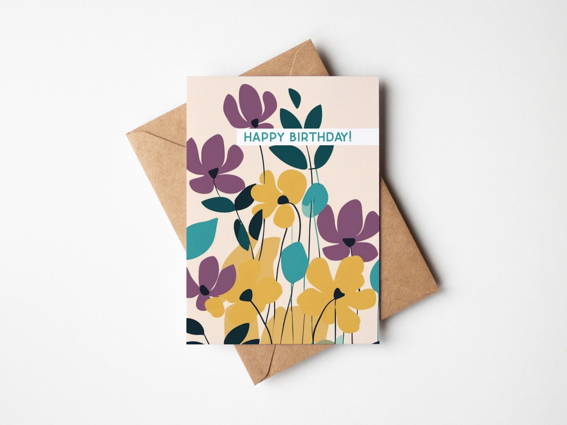 Floral Minimal contemporary design Birthday card, Purple Yellow floral design, with kraft envelope