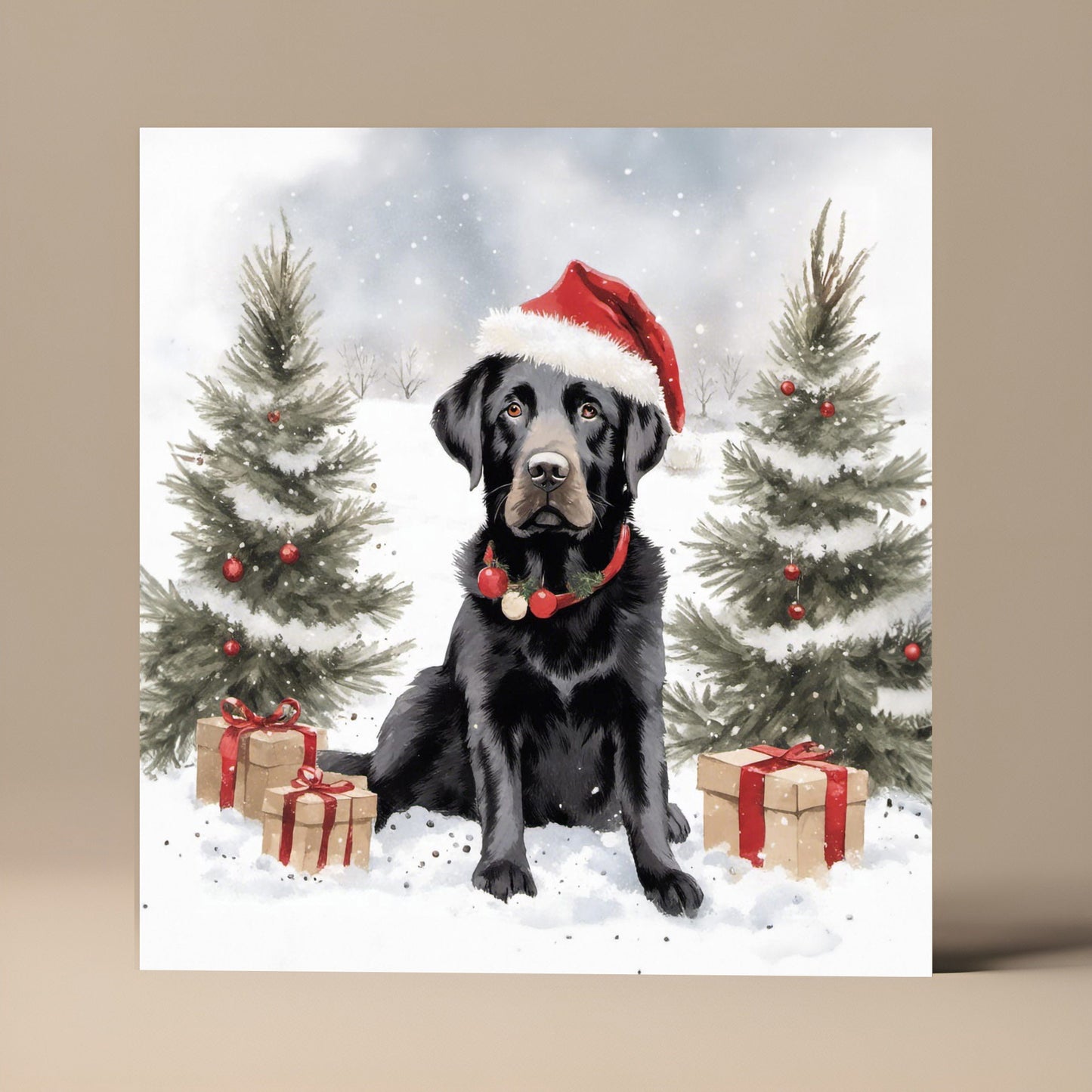 Back Labrador Retriever Christmas Card With Christmas Trees and presents, Square card, Kraft Envelope