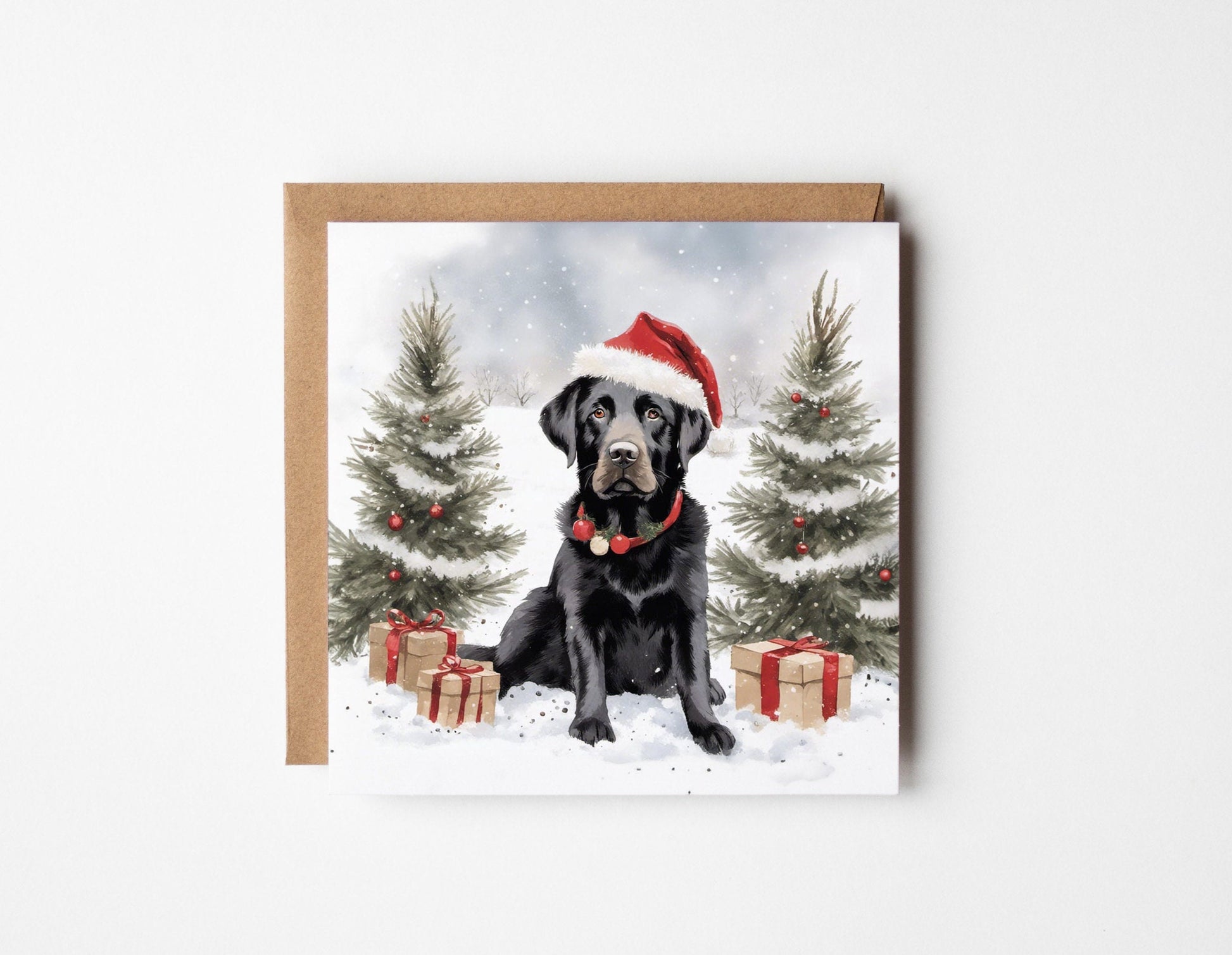 Back Labrador Retriever Christmas Card With Christmas Trees and presents, Square card, Kraft Envelope