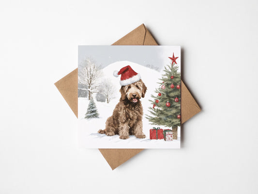 Labradoodle Christmas Card With Christmas Trees and presents, Square card, Kraft Envelope