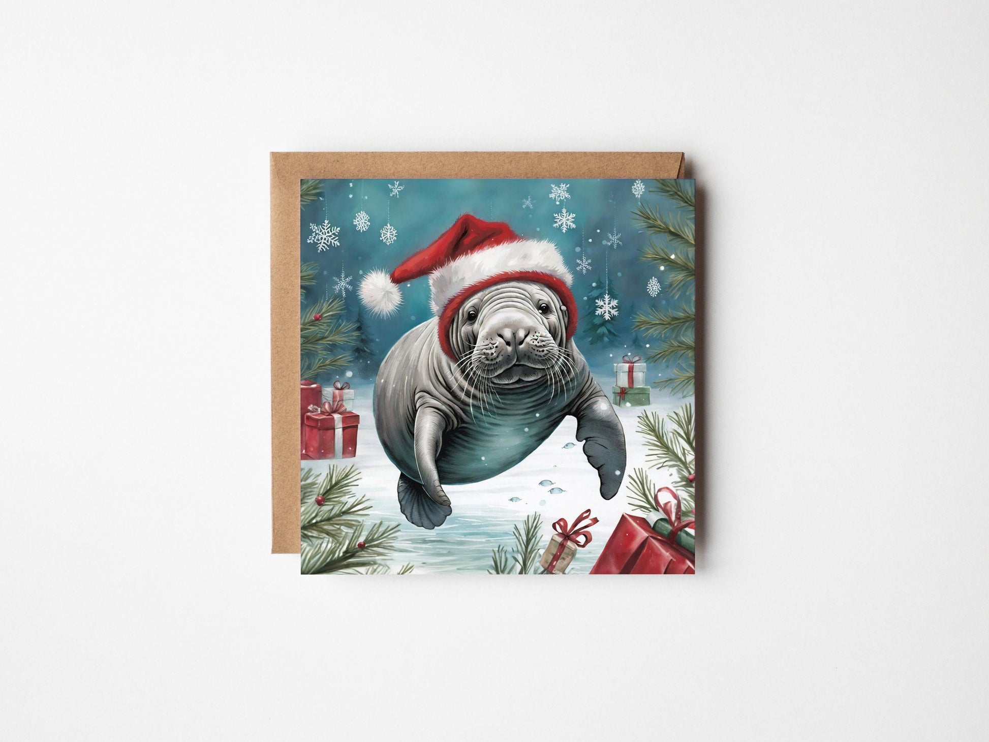 Manatee Underwater Christmas Card With Christmas Trees and presents, Square card, Kraft Envelope