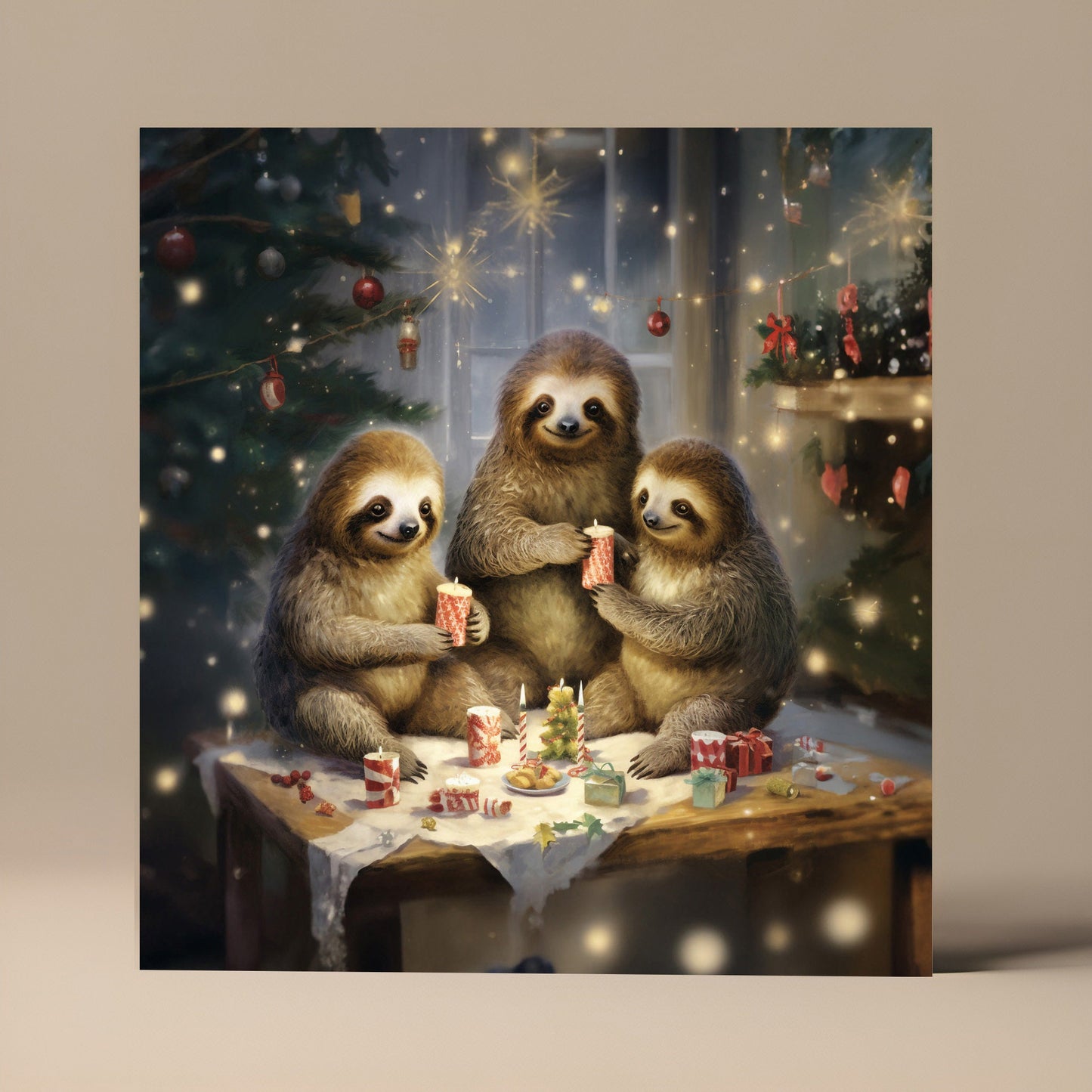 Sloth Family Christmas Card - Square Quirky Traditional - Animal Lover Gift