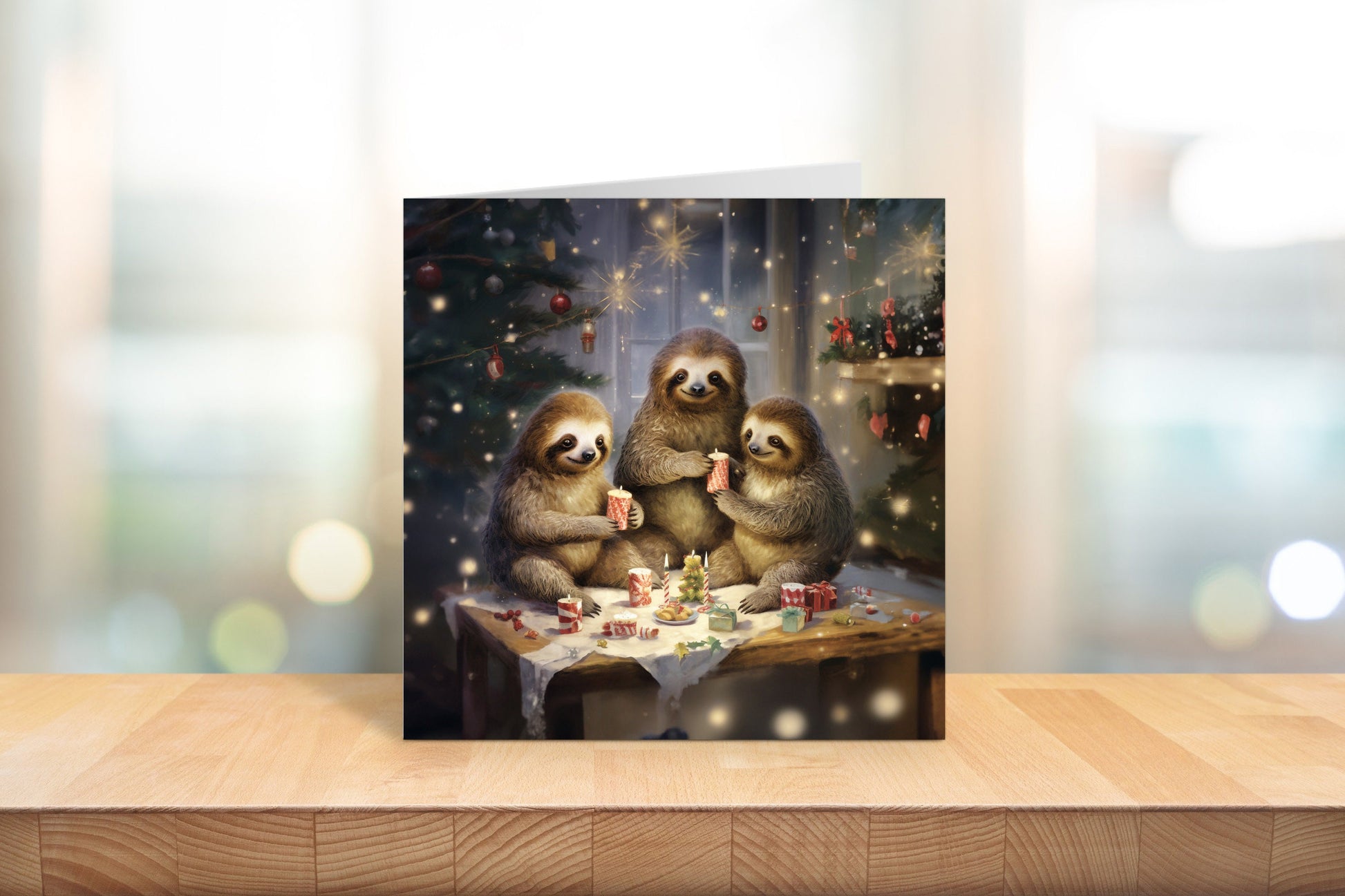 Quirky Sloth Family Christmas Card With Christmas Trees and presents, Square card, Kraft Envelope Traditional Christmas Scene