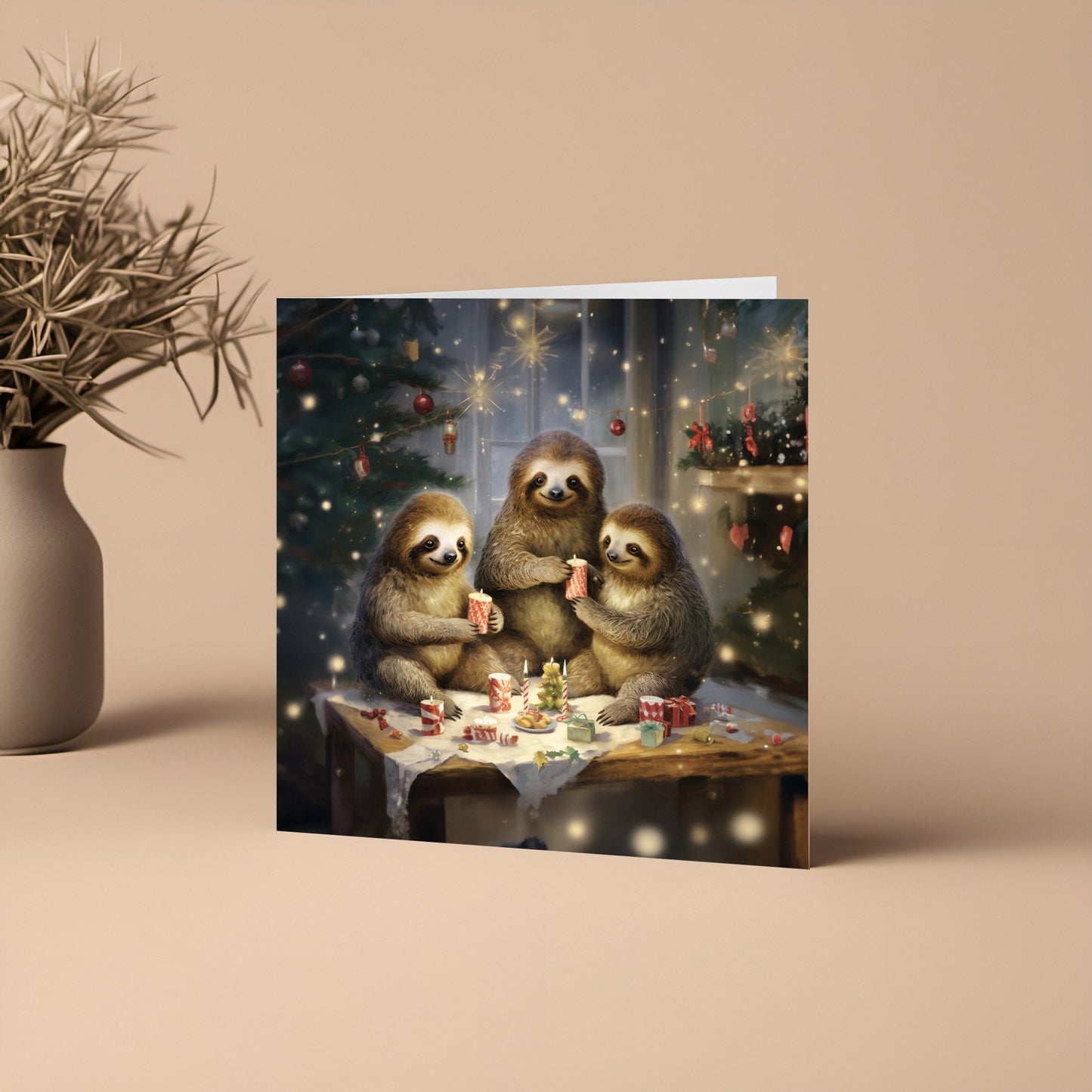 Sloth Family Christmas Card - Square Quirky Traditional - Animal Lover Gift