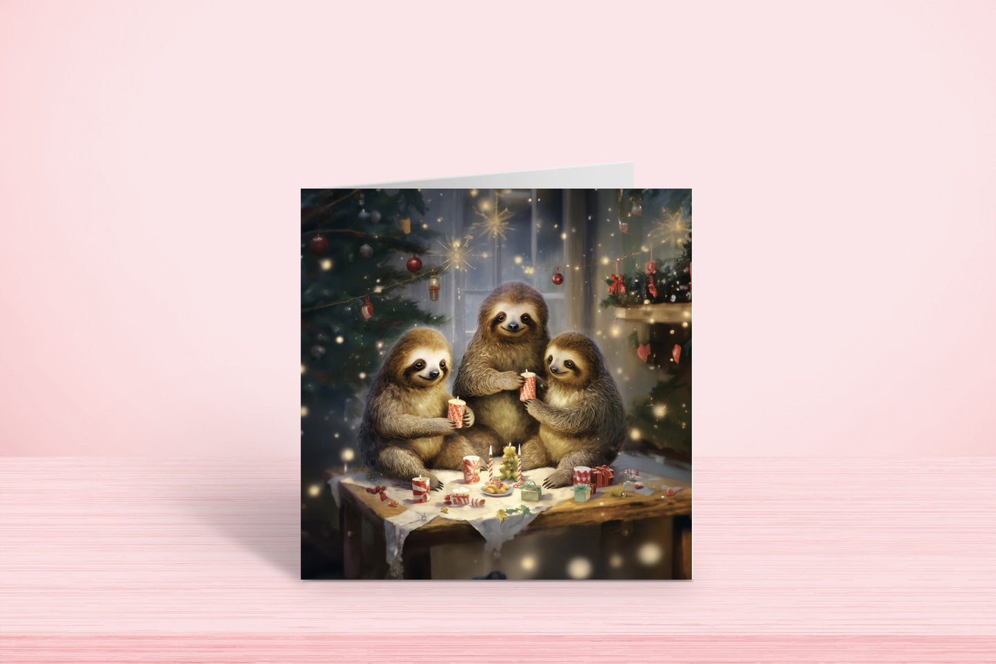 Sloth Family Christmas Card - Square Quirky Traditional - Animal Lover Gift