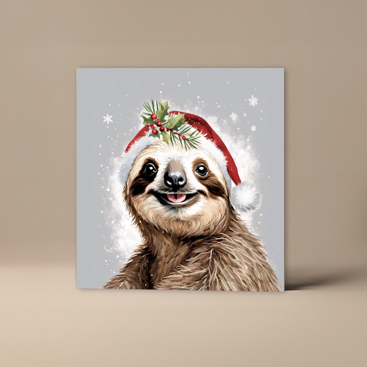 Quirky Sloth Christmas Card With Sloth Wearing a Christmas hat, Square card, Kraft Envelope