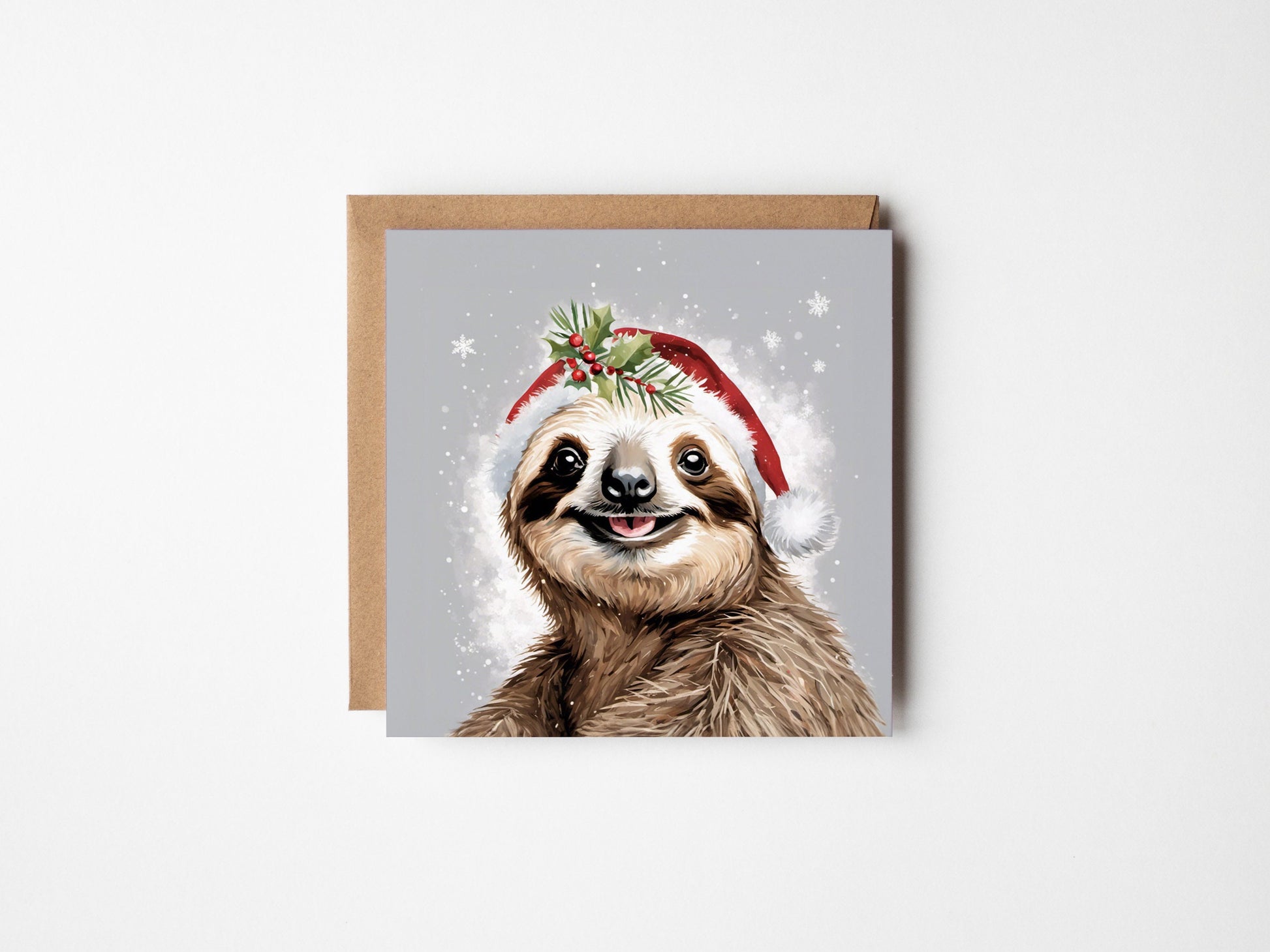 Quirky Sloth Christmas Card With Sloth Wearing a Christmas hat, Square card, Kraft Envelope