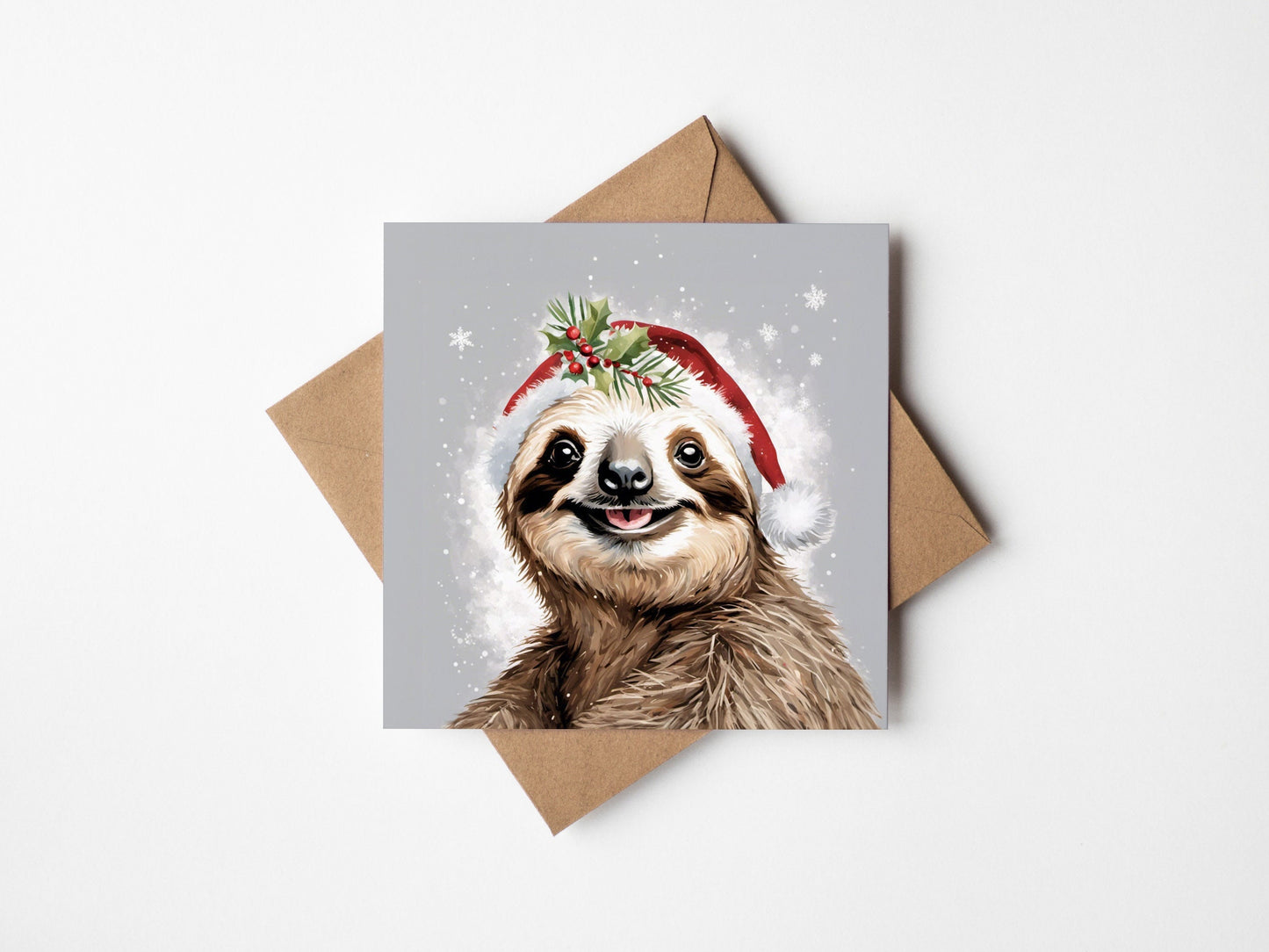 Quirky Sloth Christmas Card With Sloth Wearing a Christmas hat, Square card, Kraft Envelope