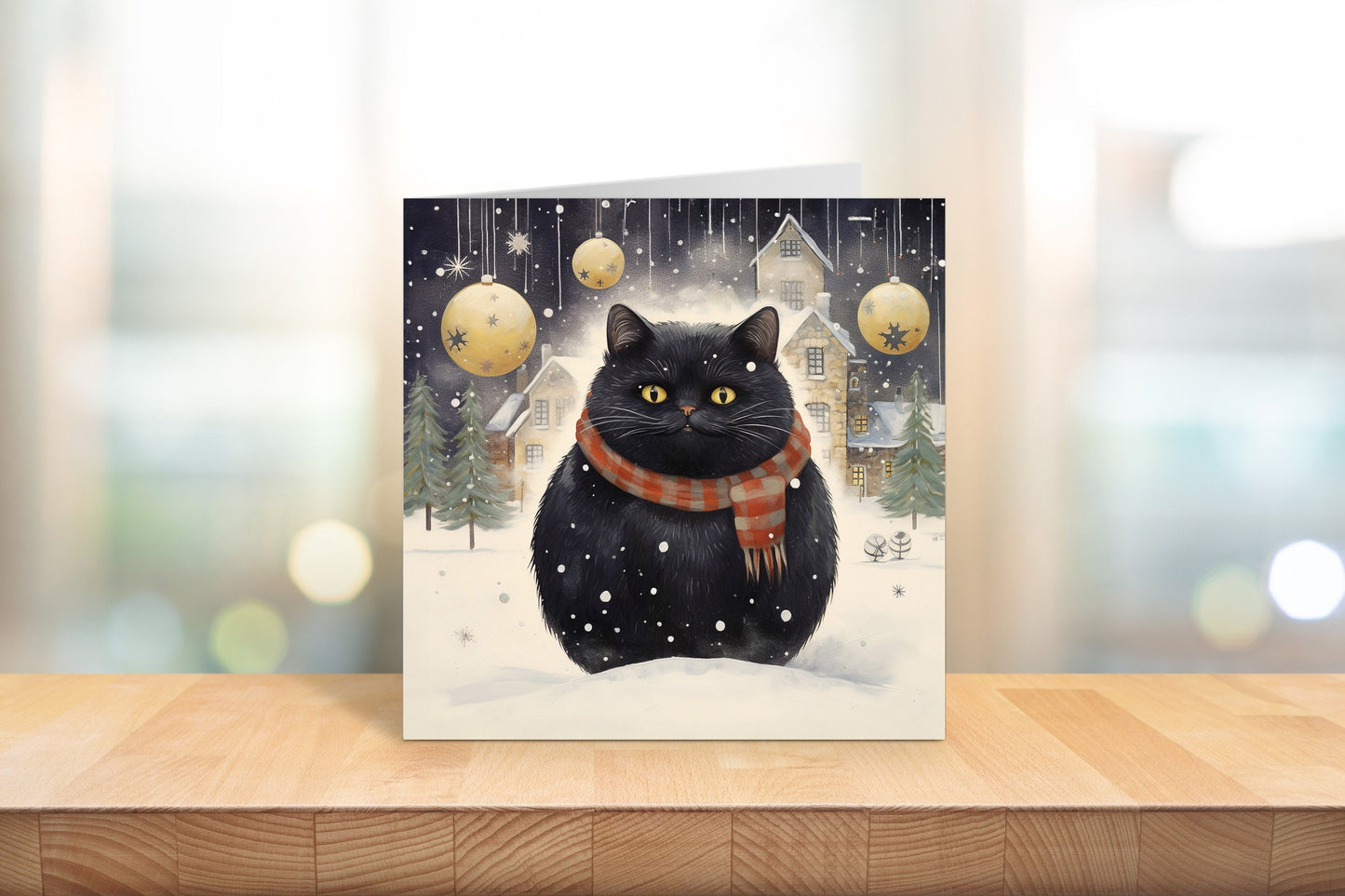 Funny Black Cat Christmas Card - Square Design with Snowy Scene