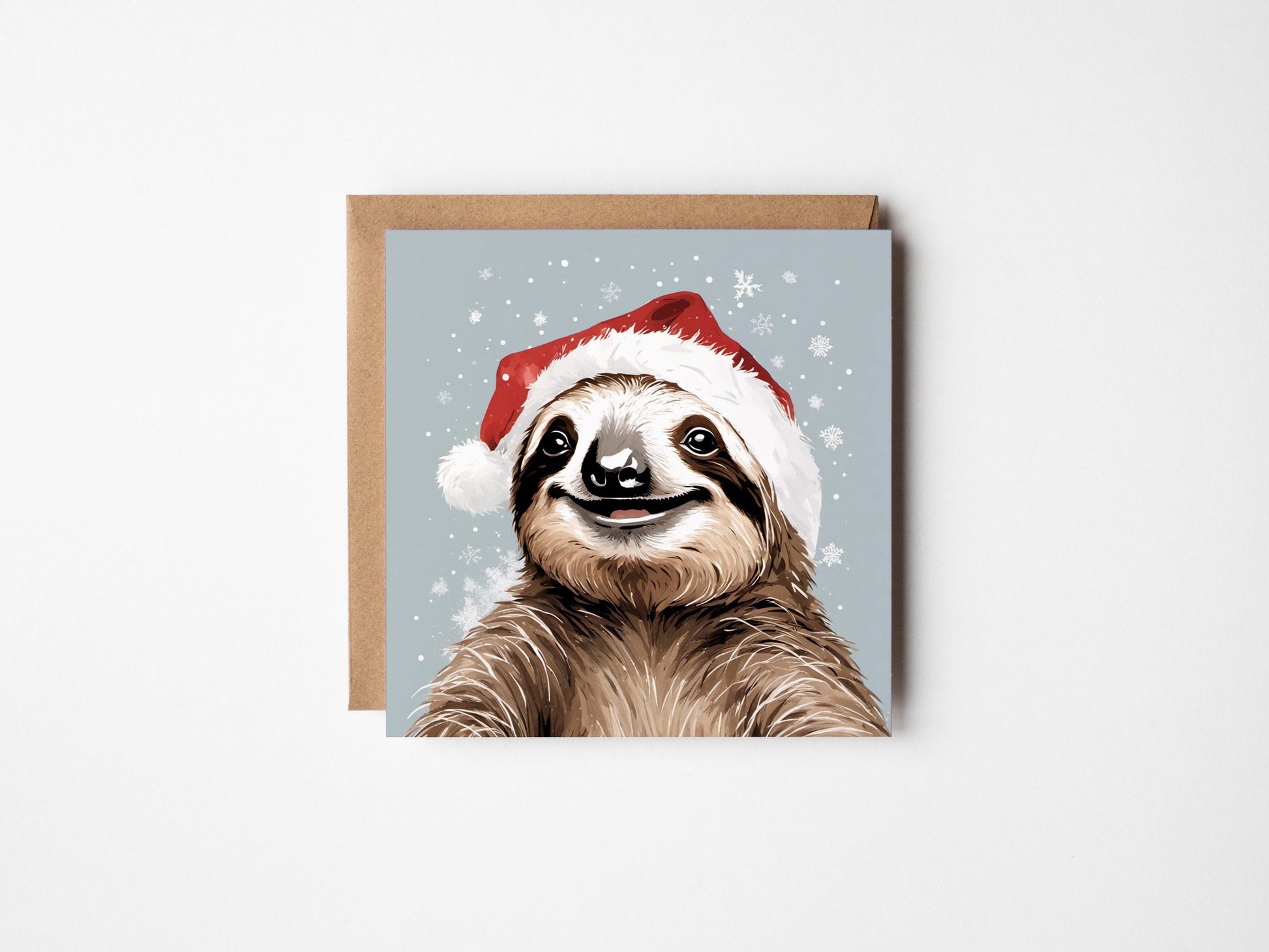 Quirky Sloth Christmas Card With Sloth Wearing a Christmas hat, Square card, Kraft Envelope