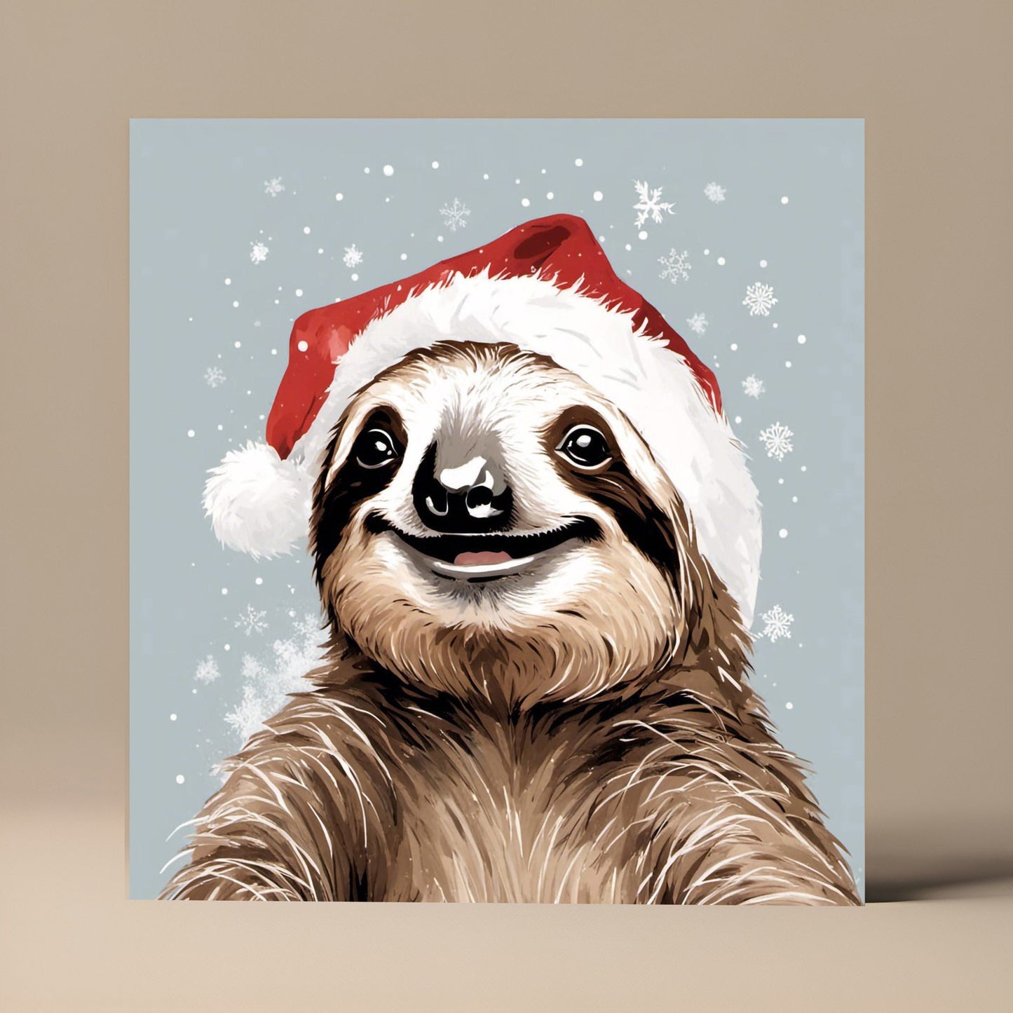 Quirky Sloth Christmas Card With Sloth Wearing a Christmas hat, Square card, Kraft Envelope