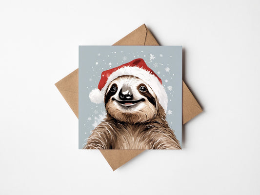 Quirky Sloth Christmas Card With Sloth Wearing a Christmas hat, Square card, Kraft Envelope