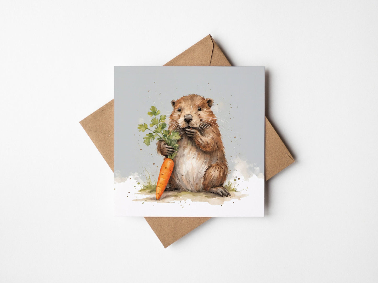 Beaver eating a carrot on a square greetings card