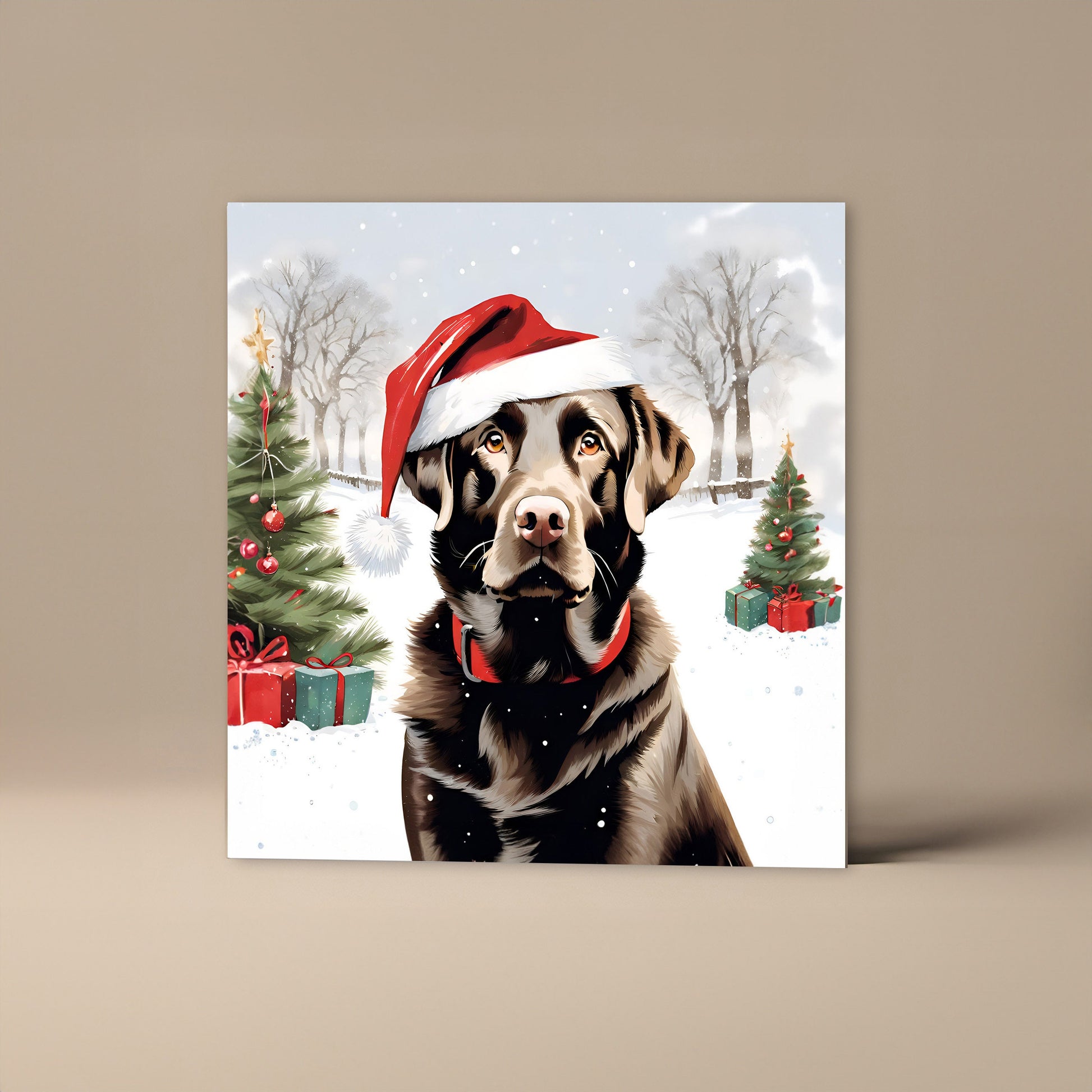 Chocolate Brown Labrador Christmas Card With Christmas Trees and presents, Square card, Kraft Envelope