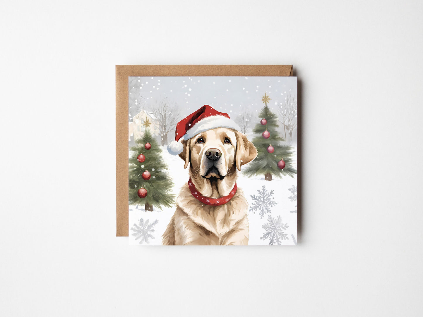 Yellow Labrador Christmas Card With Christmas Trees and presents, Square card, Kraft Envelope