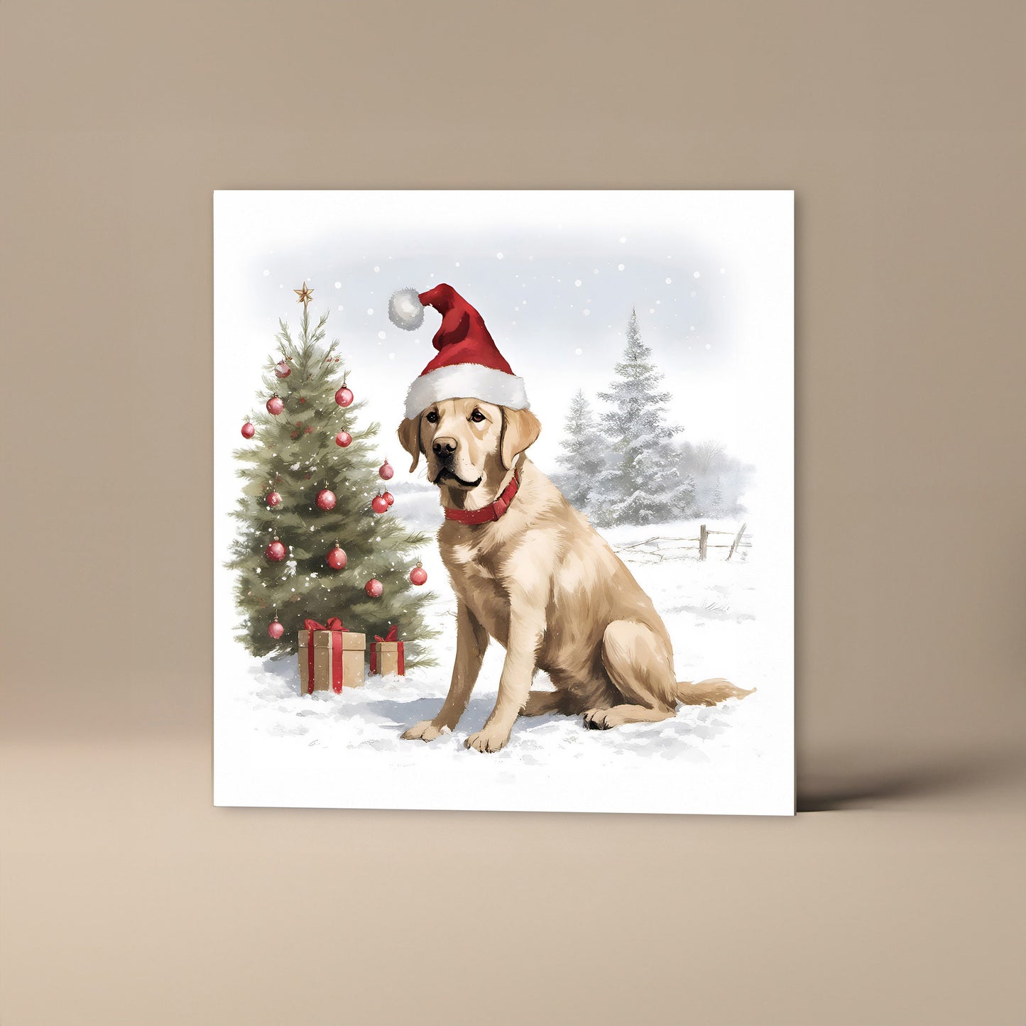 Yellow Labrador Sitting Christmas Card With Christmas Trees and presents, Square card, Kraft Envelope