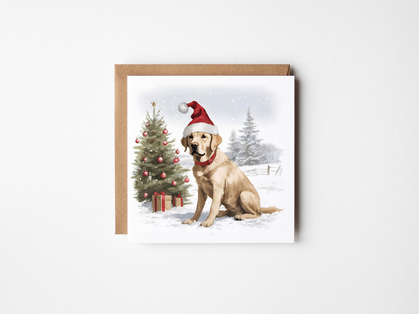 Yellow Labrador Sitting Christmas Card With Christmas Trees and presents, Square card, Kraft Envelope